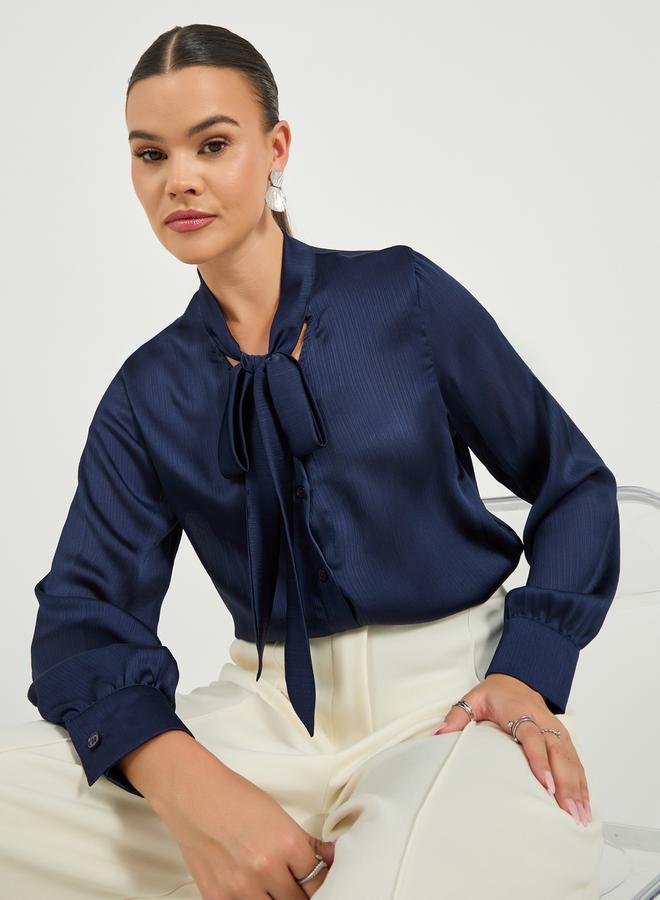 Styli Textured Regular Fit Blouse with Tie Neck Detail - Image 1