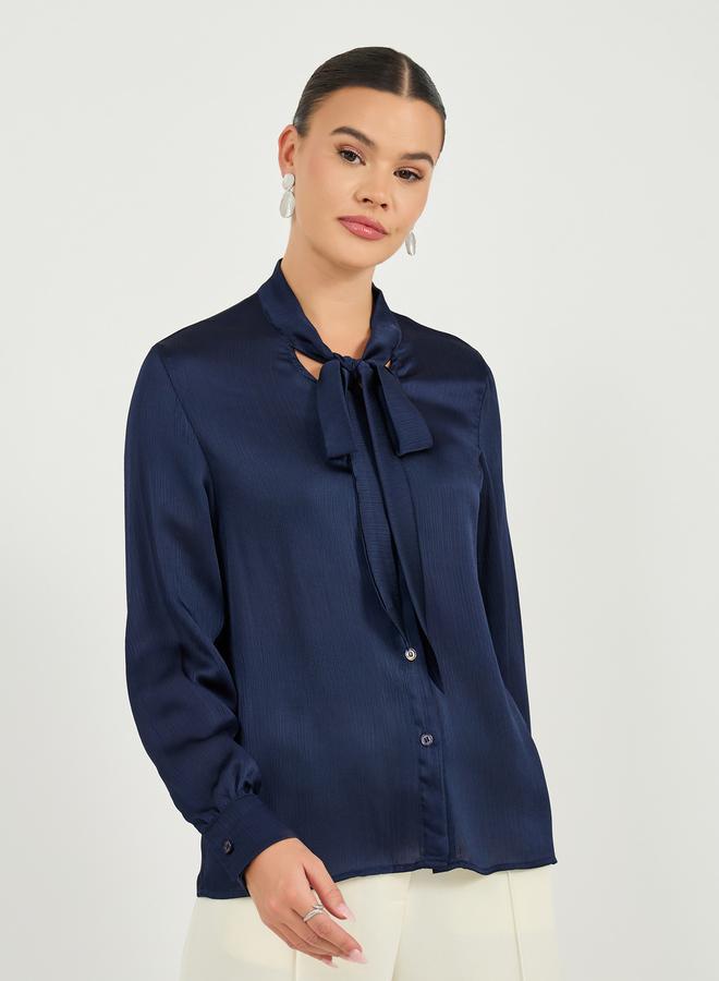 Styli Textured Regular Fit Blouse with Tie Neck Detail - Image 4