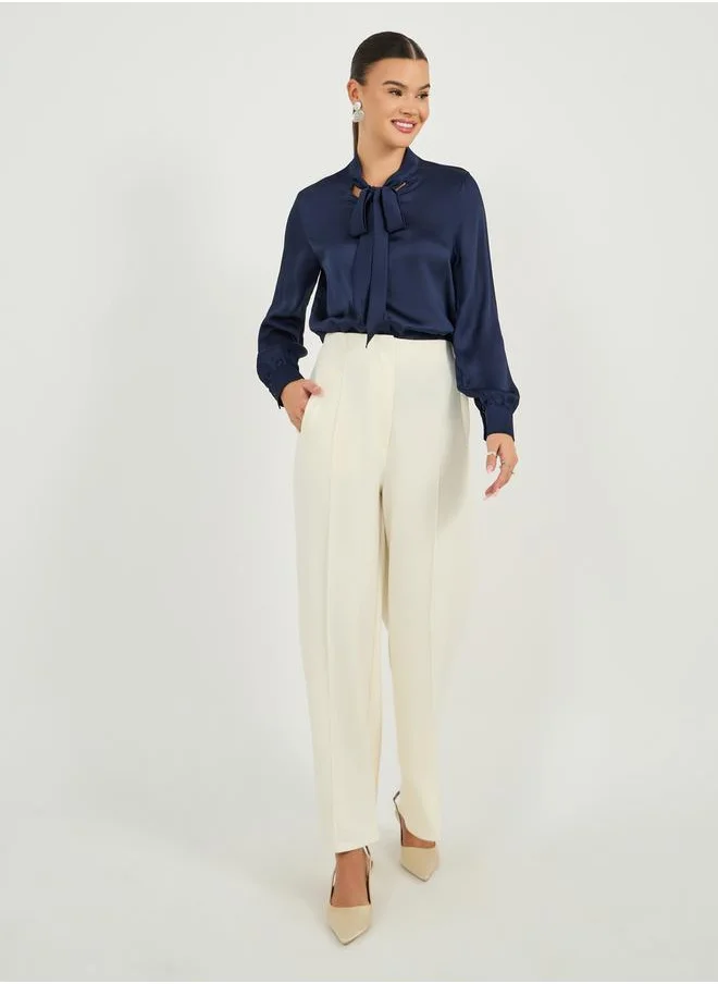 Styli Textured Regular Fit Blouse with Tie Neck Detail