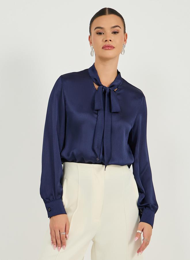Styli Textured Regular Fit Blouse with Tie Neck Detail - Image 3