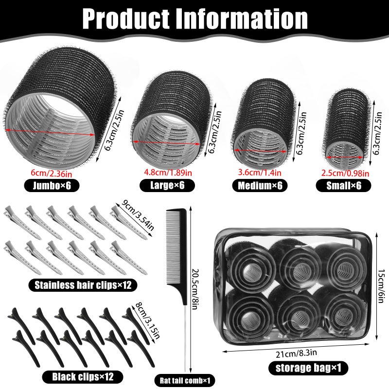 obeoby 4 Sizes Self-Grip Hair Rollers Set - 50 Pcs Jumbo Curlers for Long, Short Hair and Bangs (25mm, 36mm, 48mm, 60mm) With Clips, Black - Image 2