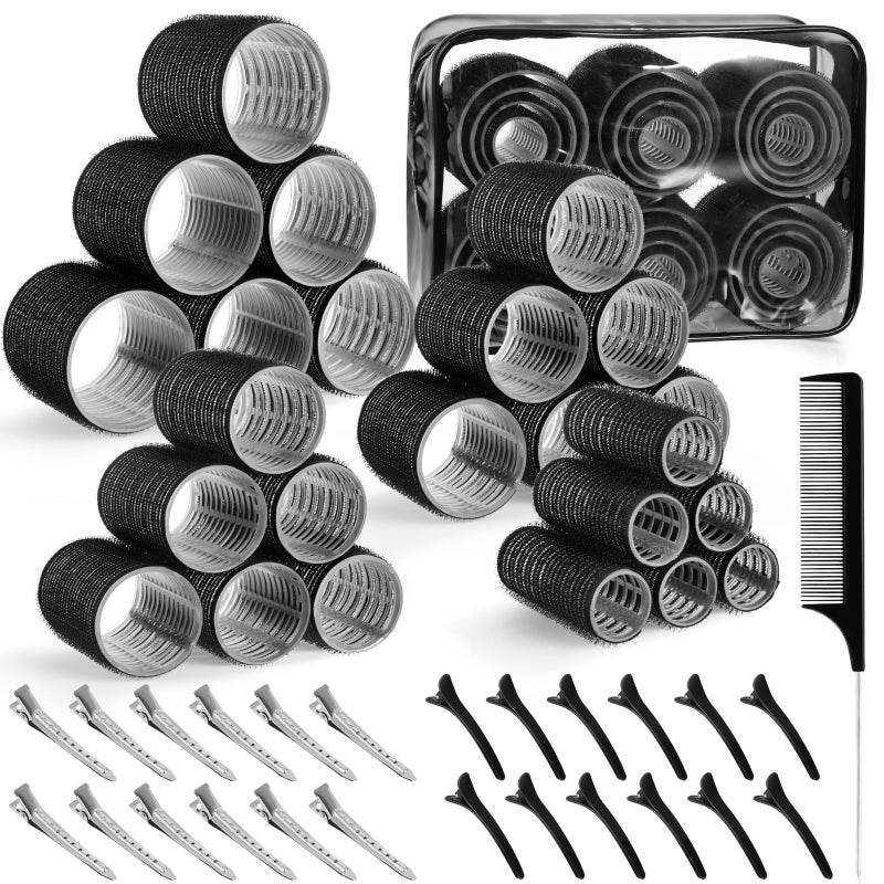 obeoby 4 Sizes Self-Grip Hair Rollers Set - 50 Pcs Jumbo Curlers for Long, Short Hair and Bangs (25mm, 36mm, 48mm, 60mm) With Clips, Black - Image 1