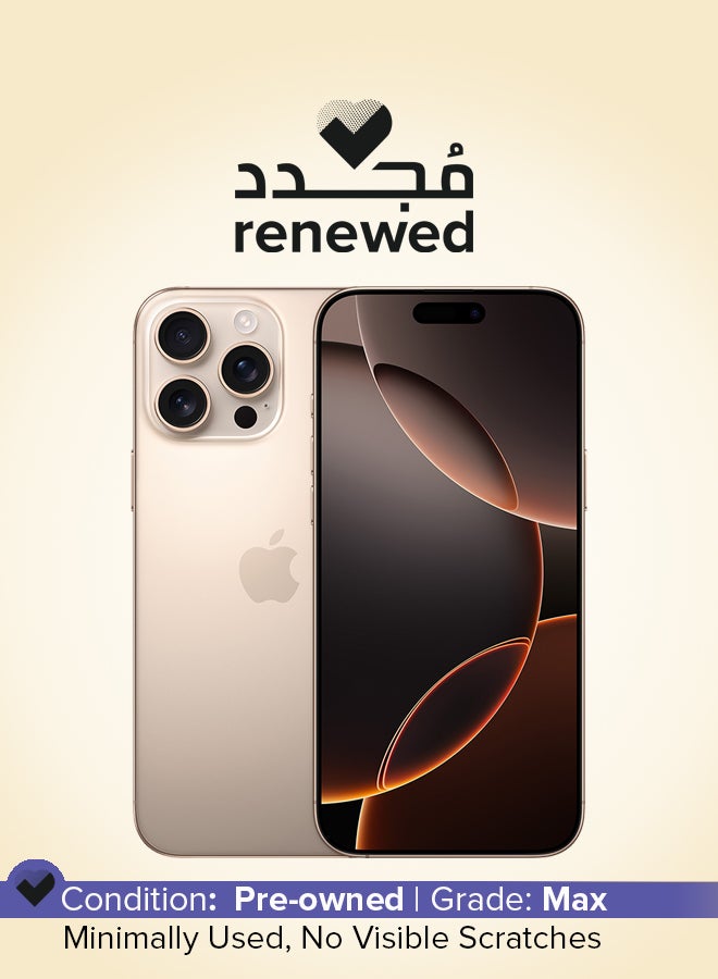 ابل  مجدد - آيفون 16 برو ماكس 512 جيجابايت تيتانيوم صحراوي 5G مع فيس تايم - النسخة الدولية - Image 1