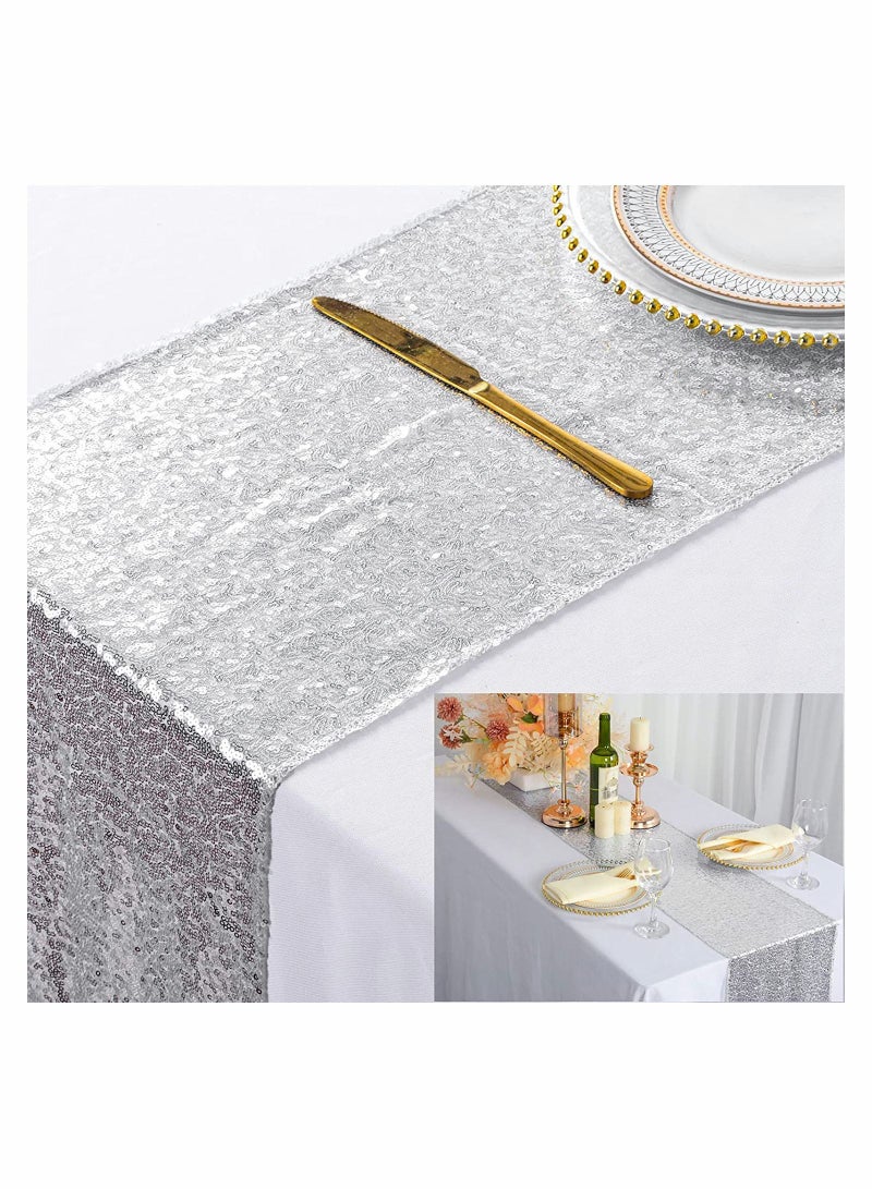 Excefore Sequin Table Runner Glitter Fabric Table Linens Runner Fabric Decorations for Holiday Wedding Birthday Outdoor Party Decor 12x72 inch - Image 1