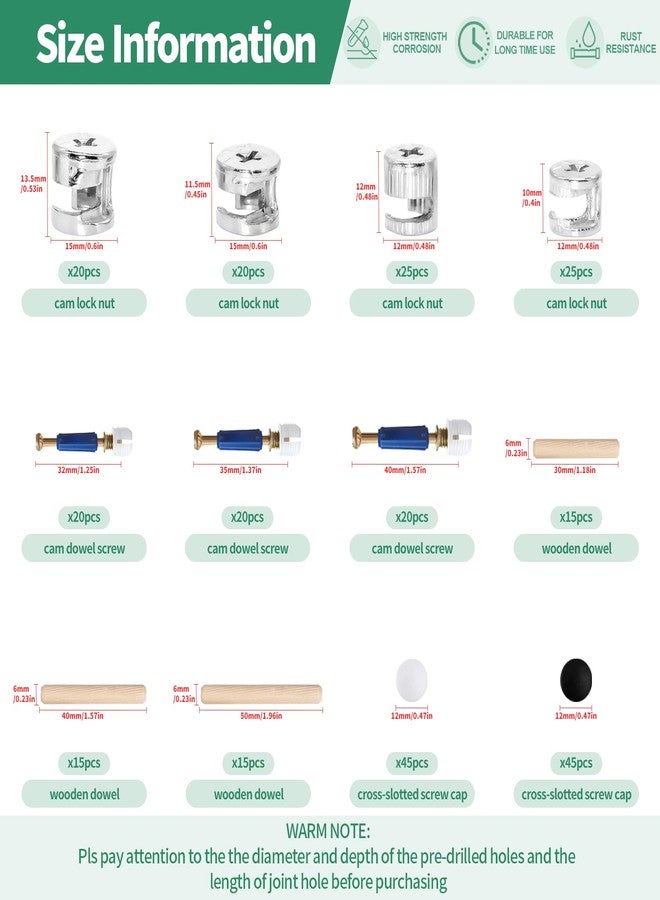 Yauhar 285Pcs 3 in 1 Furniture Connecting Hardware Connectors Kit for Cabinet Closet Drawer Wardrobe, Cam Lock Fittings with Dowel, Pre-Inserted Nut, Wood Dowel Pins and Locknut Caps - Image 2