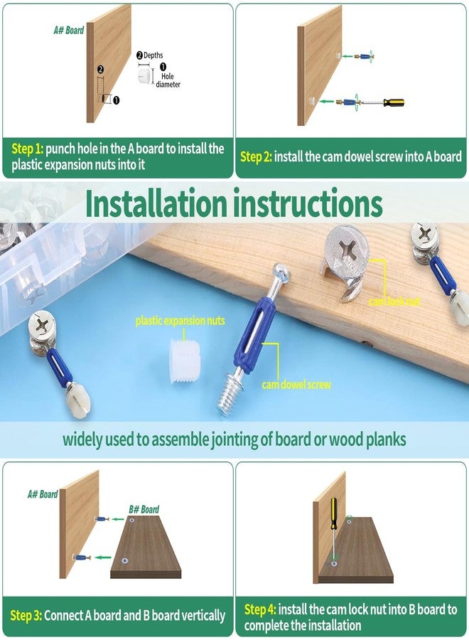 Yauhar 285Pcs 3 in 1 Furniture Connecting Hardware Connectors Kit for Cabinet Closet Drawer Wardrobe, Cam Lock Fittings with Dowel, Pre-Inserted Nut, Wood Dowel Pins and Locknut Caps - Image 4