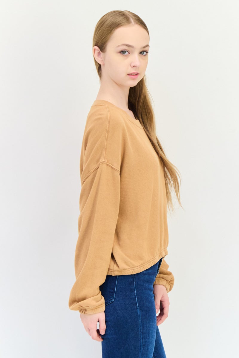 Aerie Women Crew Neck Solid Long Sleeve Crop Sweatshirt, Tan - Image 2