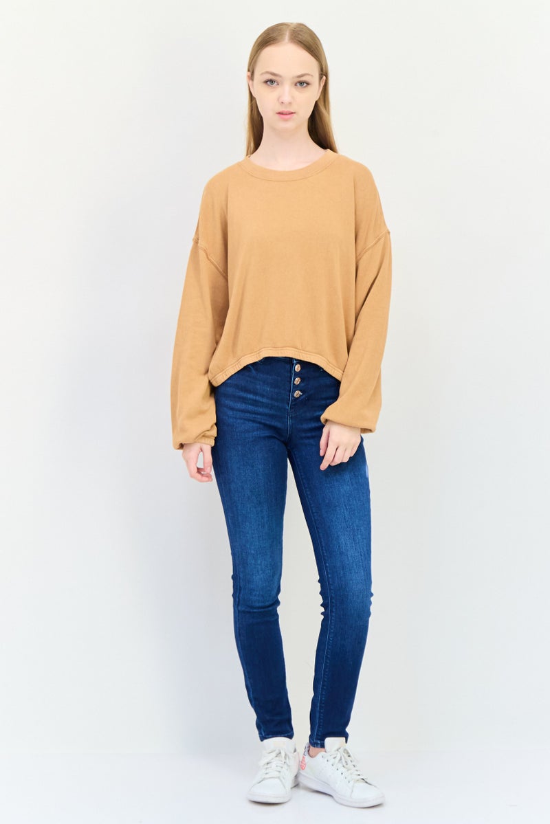 Aerie Women Crew Neck Solid Long Sleeve Crop Sweatshirt, Tan - Image 3