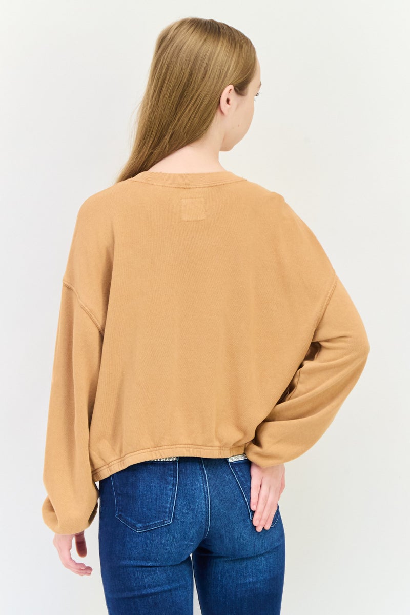 Aerie Women Crew Neck Solid Long Sleeve Crop Sweatshirt, Tan - Image 4