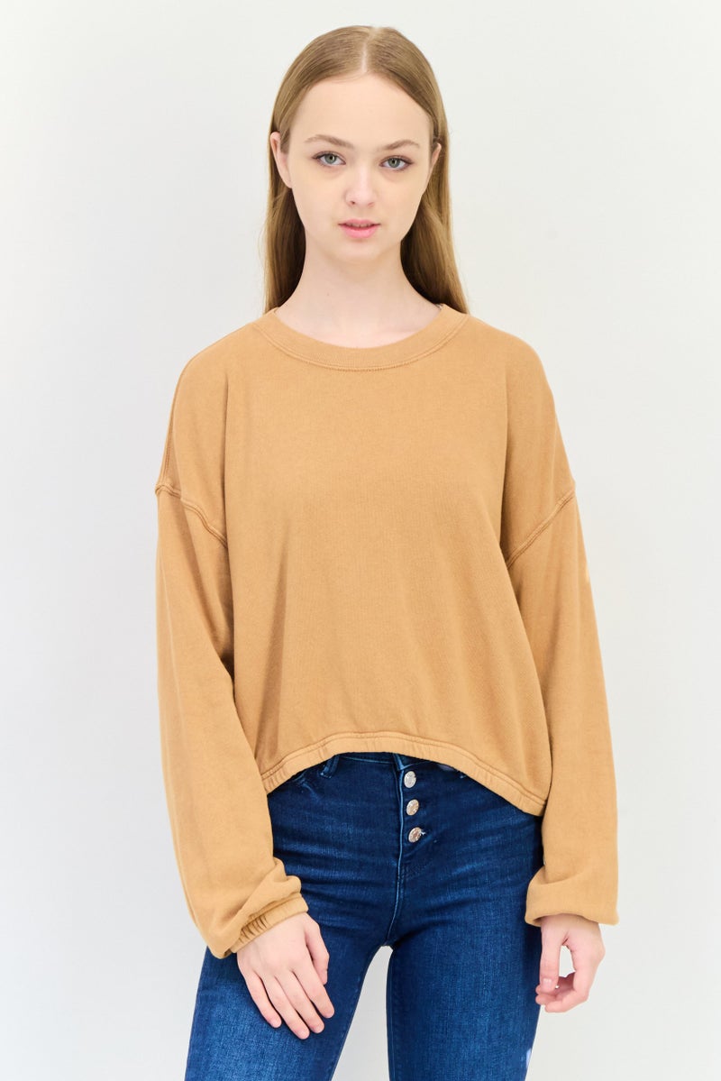 Aerie Women Crew Neck Solid Long Sleeve Crop Sweatshirt, Tan - Image 1