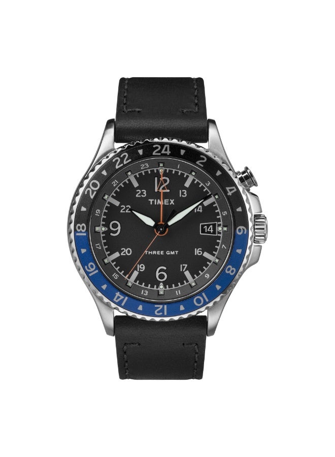 TIMEX MILITARY GMT TW2R43600  STYLISH MEN'S WATCH WITH BLACK LEATHER STRAP & INDIGLO DIAL - Image 1