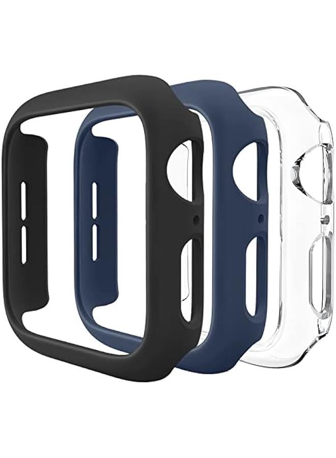 3 Pack Compatible for Apple Watch Case 44mm Series 6 Series 5 Series 4 / SE, Hard PC Bumper Case Protective Cover Frame 【NO Screen Film】 Compatible for iWatch Accessories 44mm, Black/Navy Blue/Clear - Image 1