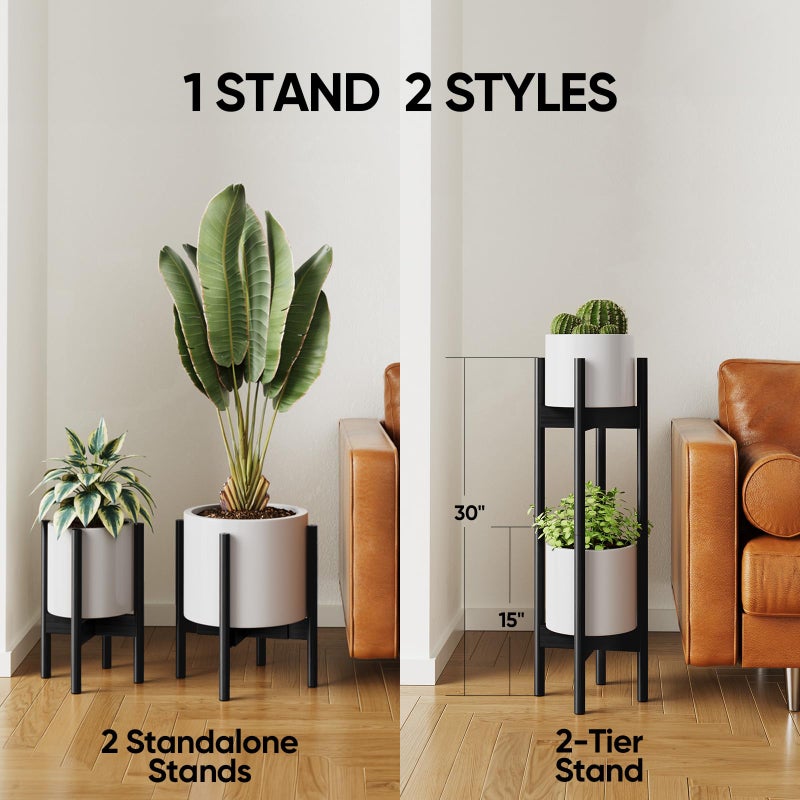 MUDEELA 2 Pack Indoor Plant Stands, 2 Tier Tall Plant Stand 30 inches, Mid Century Bamboo Plant Stand, Adjustable Width 8 - 12 inches, Fits Pot Size of 8 9 10 11 12 inches Pot & Plant Not Included, Black - Image 4
