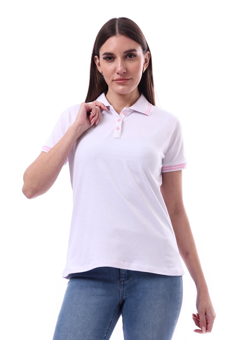 Andora Woman Turn Down Collar Solid Polo Shirt _ White - Image 1