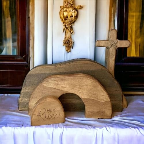 Didyts Easter Scene Wooden Religious DecorationJesus Cross Puzzle Statue Set Nativity Scene DecorEmpty Tomb Easter Decor DisplayChristian Easter Home Interior Decorations He is Risen - Image 1