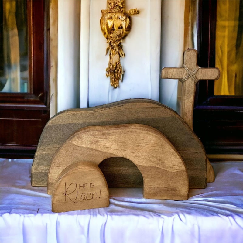 Didyts Easter Scene Wooden Religious DecorationJesus Cross Puzzle Statue Set Nativity Scene DecorEmpty Tomb Easter Decor DisplayChristian Easter Home Interior Decorations He is Risen - Image 2