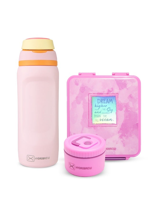 Hydrobrew Bento Lunch Box 1.74L w/ Steel Food Jar & Sip Switch Water Bottle 1000ml | Leakproof Meal Box – Dream Pink - Image 1