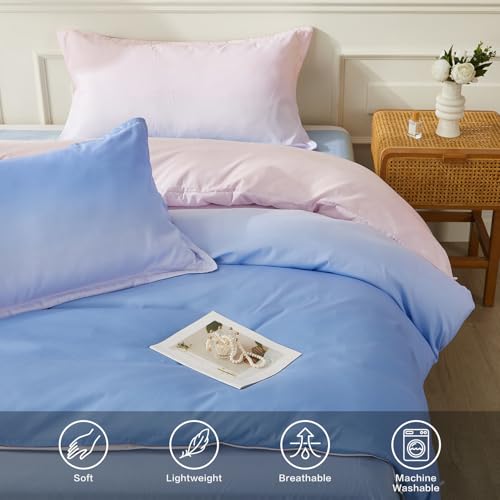 SAPHREAS Full Size Duvet Cover Blue Pink Gradient Bedding Set with 8 Corner Ties and 2 Pillow Sham Microfiber Reversible Duvet Cover Set with Zipper Closure - Image 4