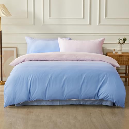 SAPHREAS Full Size Duvet Cover Blue Pink Gradient Bedding Set with 8 Corner Ties and 2 Pillow Sham Microfiber Reversible Duvet Cover Set with Zipper Closure - Image 1