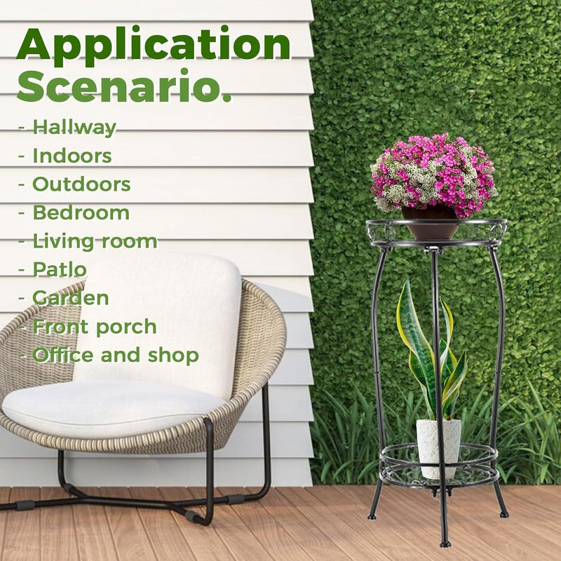 حامل نباتات داخلي وخارجي، طبقتان، ارتفاع 27 بوصة، حامل معدني لأواني النباتات، رف نباتات ثقيل، حديد مقاوم للصدأ، دعامات دائرية متعددة للنباتات، رف لزاوية المزروعا�� والحديقة والشرفة والفناء - Image 3