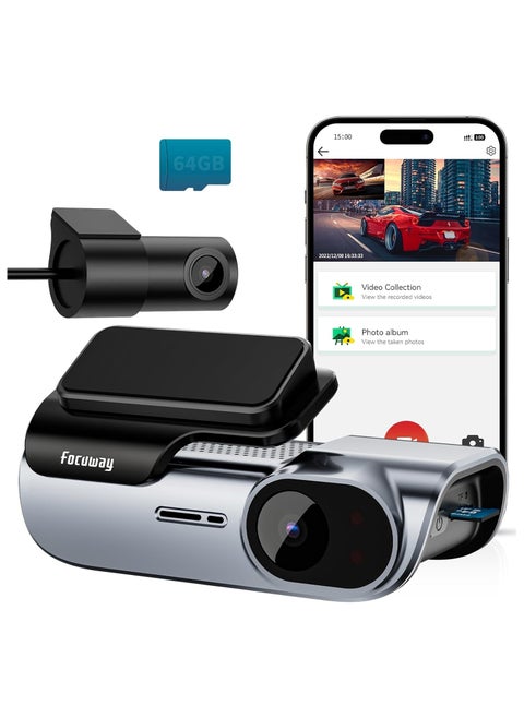 Dash Cam Front and Rear, 4K / 1080P HD Dual Dash Camera for Cars with Free 64GB TF Card, 5GHz WiFi, Super Night Vision, Supercapacitor, 160° Wide Angle, 24H Parking Mode, App Control, Type C Port
