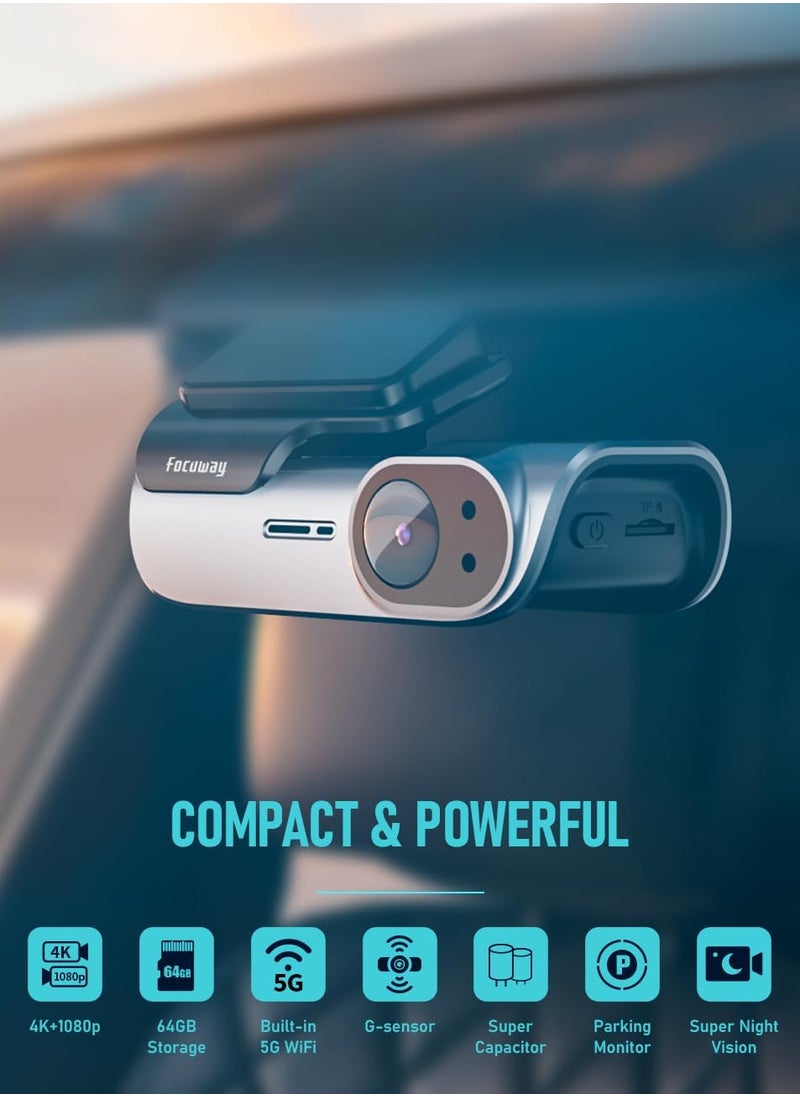 Generic - Dash Cam Front and Rear, 4K / 1080P HD Dual Dash Camera for Cars with Free 64GB TF Card, 5GHz WiFi, Super Night Vision, Supercapacitor, 160° Wide Angle, 24H Parking Mode, App Control, Type C Port - Image 1