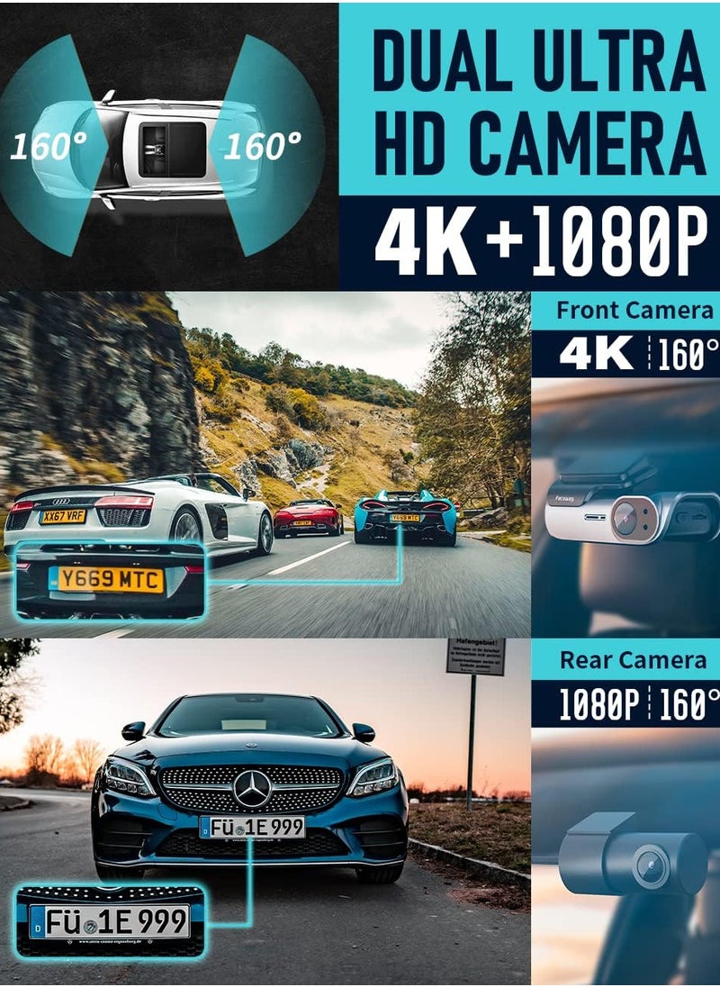 Generic - Dash Cam Front and Rear, 4K / 1080P HD Dual Dash Camera for Cars with Free 64GB TF Card, 5GHz WiFi, Super Night Vision, Supercapacitor, 160° Wide Angle, 24H Parking Mode, App Control, Type C Port - Image 1
