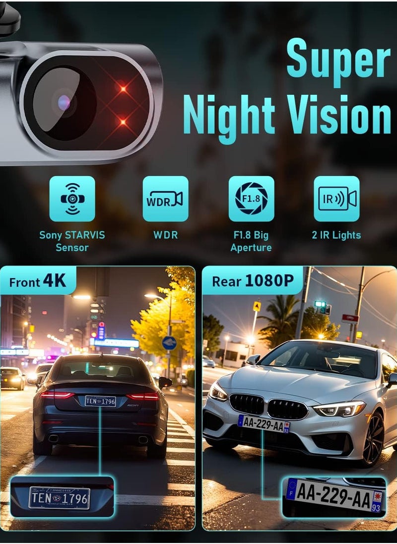 Generic - Dash Cam Front and Rear, 4K / 1080P HD Dual Dash Camera for Cars with Free 64GB TF Card, 5GHz WiFi, Super Night Vision, Supercapacitor, 160° Wide Angle, 24H Parking Mode, App Control, Type C Port - Image 1