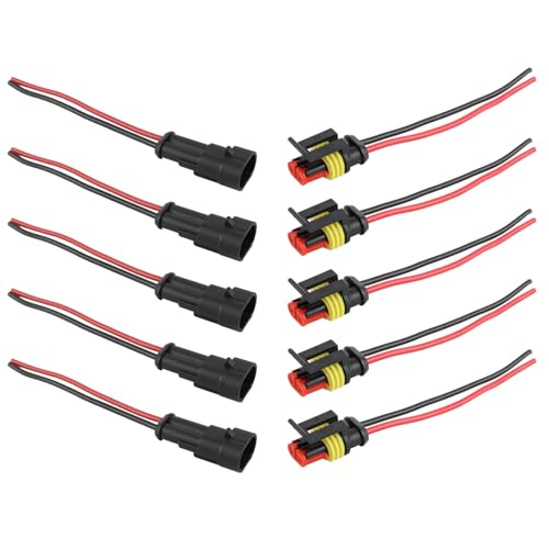 MOTOALL 5 Kits 2 Pin Way 16 AWG Waterproof Connector Male & Female Socket Plug Pigtail Wire Harness Lead Wiring Loom 1.5mm Series Terminal Black for Car Truck Boat Motorcycle Scooter Quad Bike Marine - Image 1