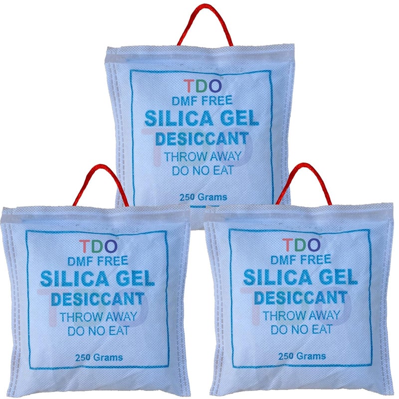 TDO Silica Gel Packets 3 Pcs Each 250 Gram Moisture absorbents Dehumidifier Silica Gel Bags for Moisture Room Cupboard Kitchen ShoeWardrobe CarCamera Lenses
