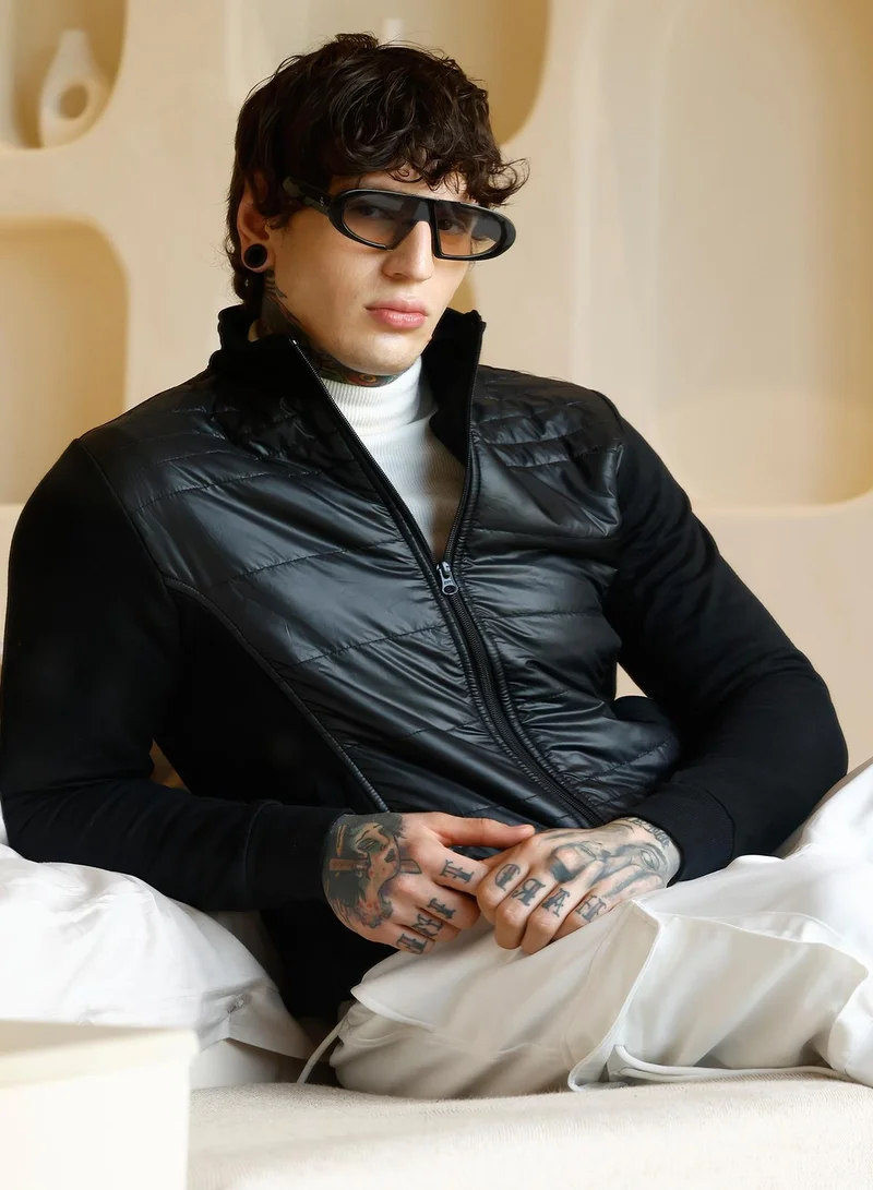 Campus Sutra Men's Zip-Front Patch-Block Jacket | Stand Collar , Long Ribbed Cuff Sleeves , Zipper Closure , Ribbed-Straight Hem | Solid Knitted Plain For Casual & Daily | Onyx Black