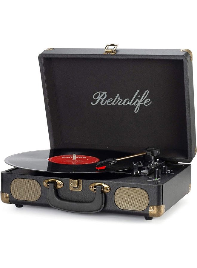 Retrolife Vinyl Record Player 3-Speed Bluetooth Suitcase Portable Belt-Driven Record Player with Built-in Speakers RCA Line Out AUX in Headphone Jack Vintage Turntable - Image 4