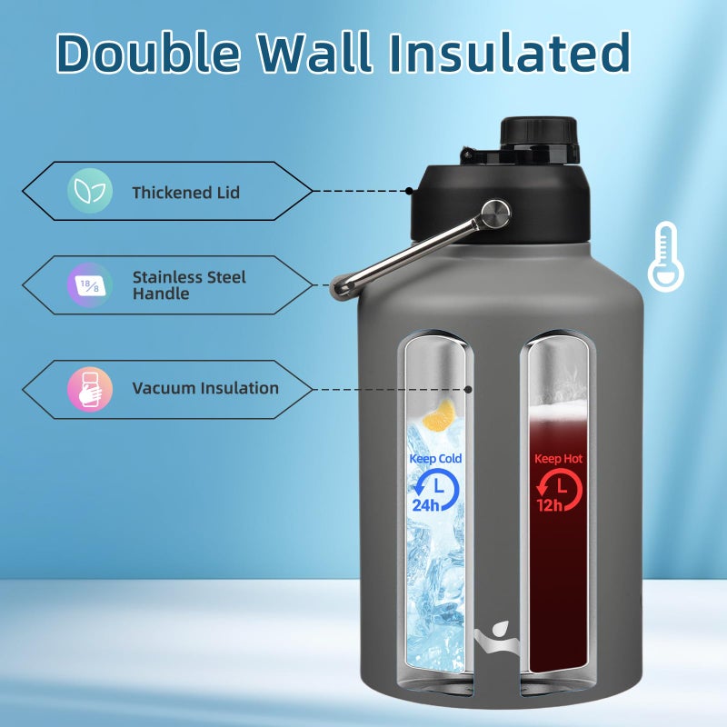 Konokyo 1 Gallon Jug with Handle,128 oz Insulated Water Bottle with Carrying Pouch, Double Wall Vacuum Stainless Steel Metal Bottle,Gray - Image 3
