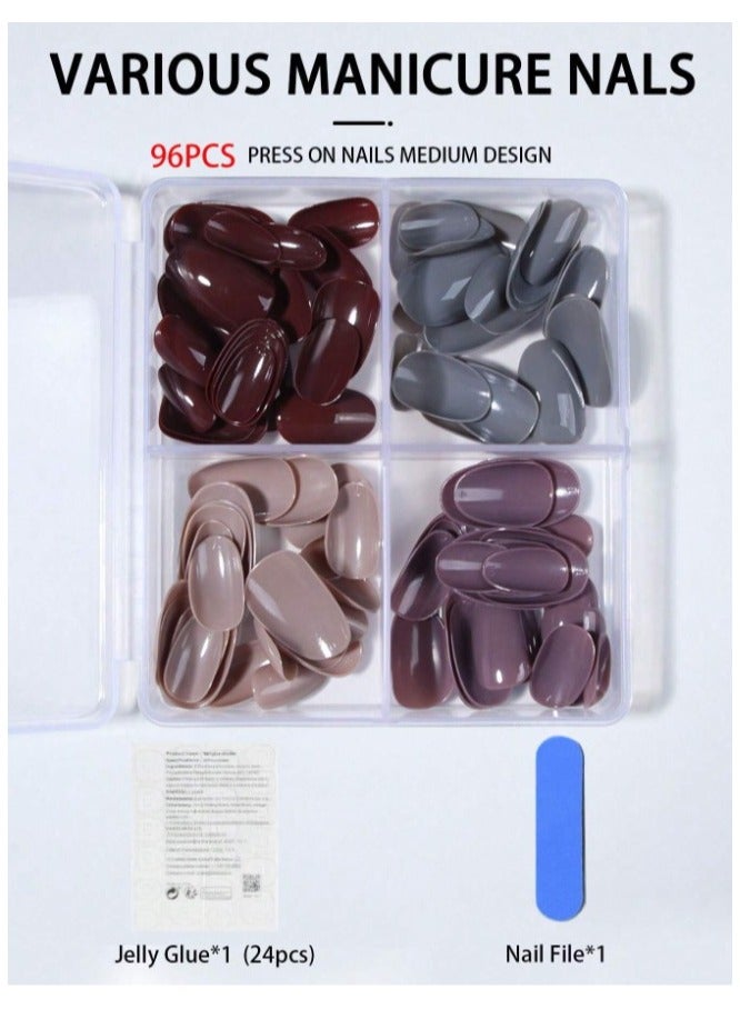أظافر اصطناعية قصيرة بشكل بيضاوي 96 قطعة صندوق (4 أنواع مختلطة) أظافر اكريليك  تشمل 1 قطعة من الصمغ الجيلي و 1 قطعة من مبرد الأظافر، مع صندوق تخزين، مناسبة للنساء والفتيات في الحياة اليومية واستخدام الأعياد - Image 3