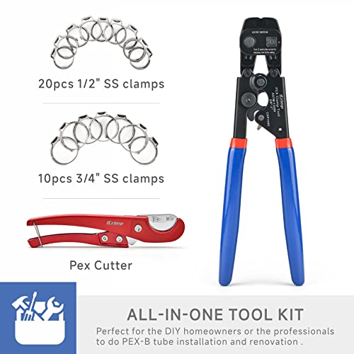 iCRIMP Ratchet PEX Cinch Tool with Removing function for 3/8 to 1-inch Stainless Steel Clamps with 20PCS 1/2-inch and 10PCS 3/4-inch PEX Clamps and Pipe Cutter- All in One - Image 2