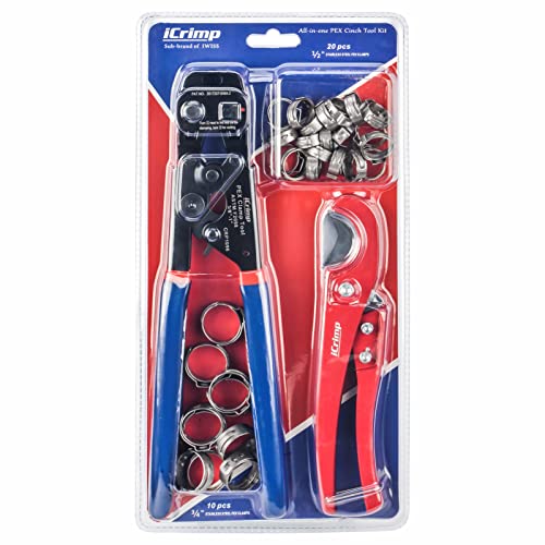 iCRIMP Ratchet PEX Cinch Tool with Removing function for 3/8 to 1-inch Stainless Steel Clamps with 20PCS 1/2-inch and 10PCS 3/4-inch PEX Clamps and Pipe Cutter- All in One - Image 1