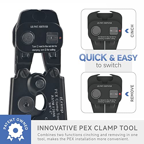 iCRIMP Ratchet PEX Cinch Tool with Removing function for 3/8 to 1-inch Stainless Steel Clamps with 20PCS 1/2-inch and 10PCS 3/4-inch PEX Clamps and Pipe Cutter- All in One - Image 4