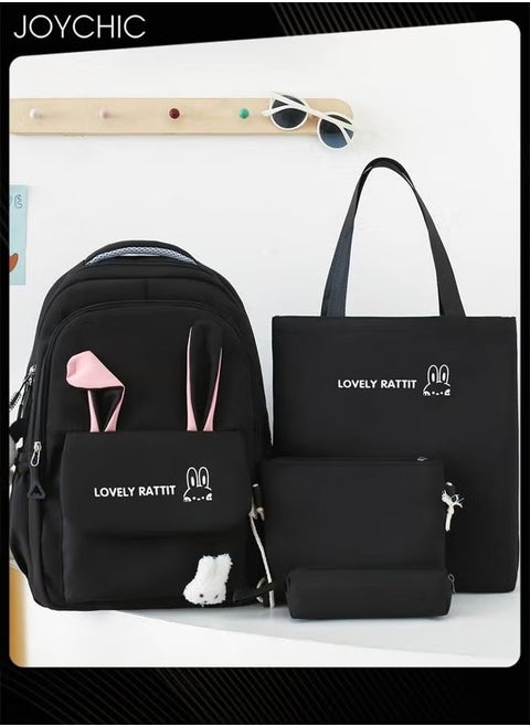 4 Piece Lovely Pattern Canvas Large Capacity School Backpack Set Multifunction Brief School Bag with Pencil Pouch for Primary Middle High Students