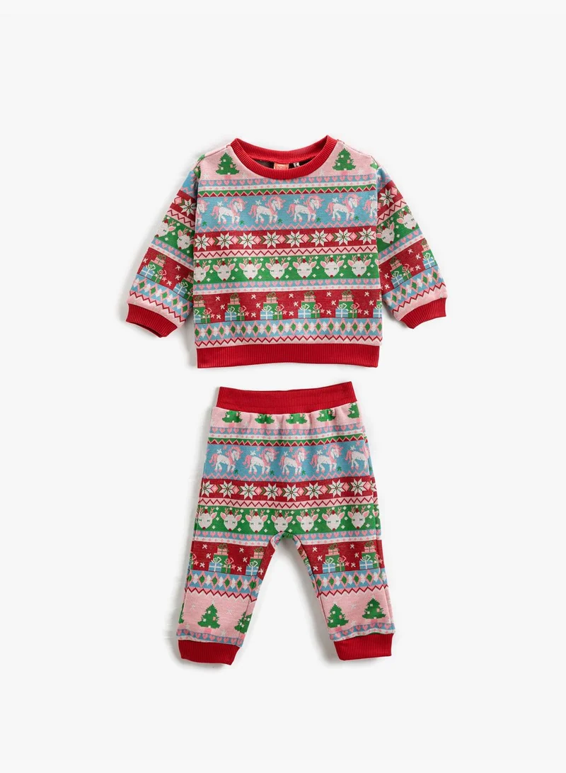 KOTON Sweatsuit Set Unicorn and Deer Printed Sweatshirt and Elastic Waistband Pants