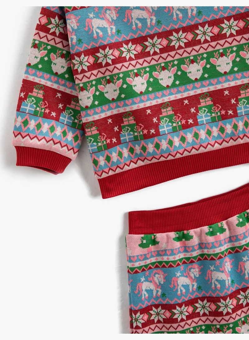 KOTON Sweatsuit Set Unicorn and Deer Printed Sweatshirt and Elastic Waistband Pants