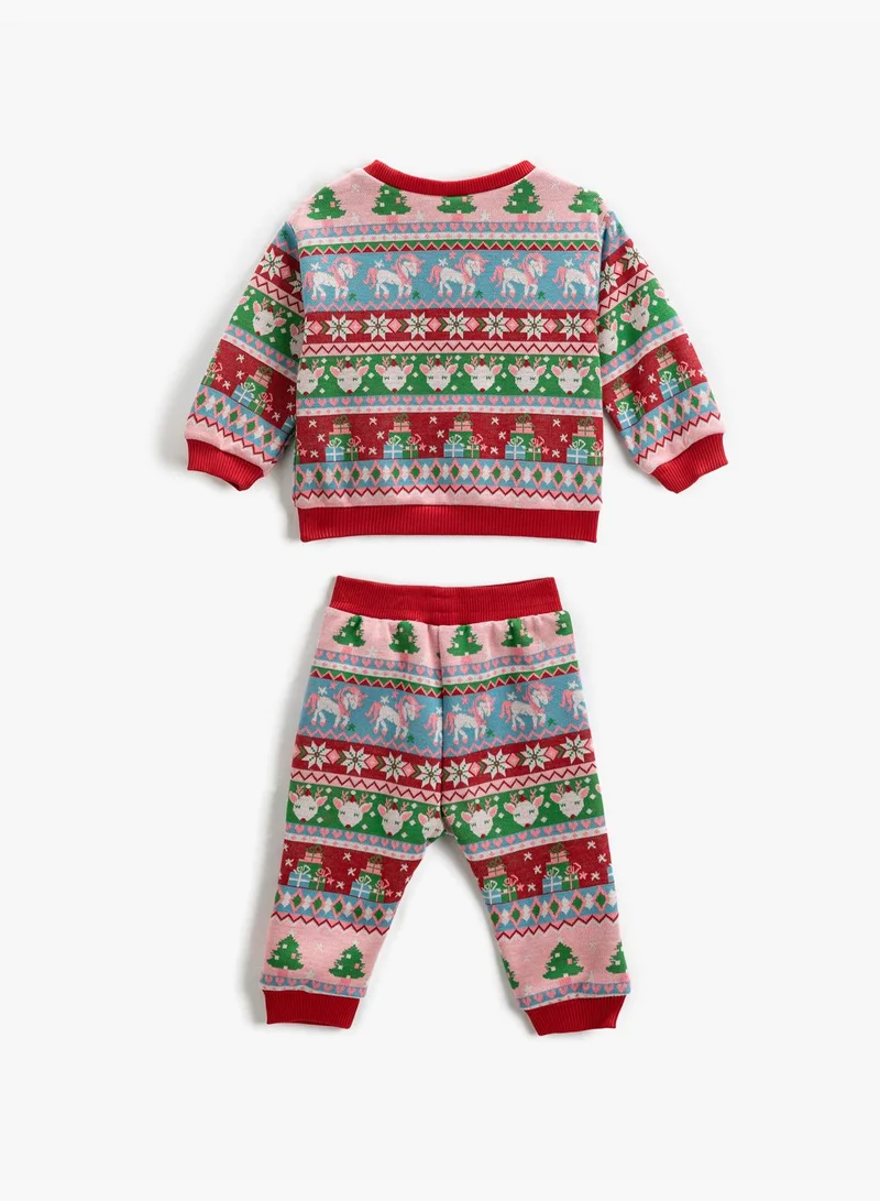 KOTON Sweatsuit Set Unicorn and Deer Printed Sweatshirt and Elastic Waistband Pants