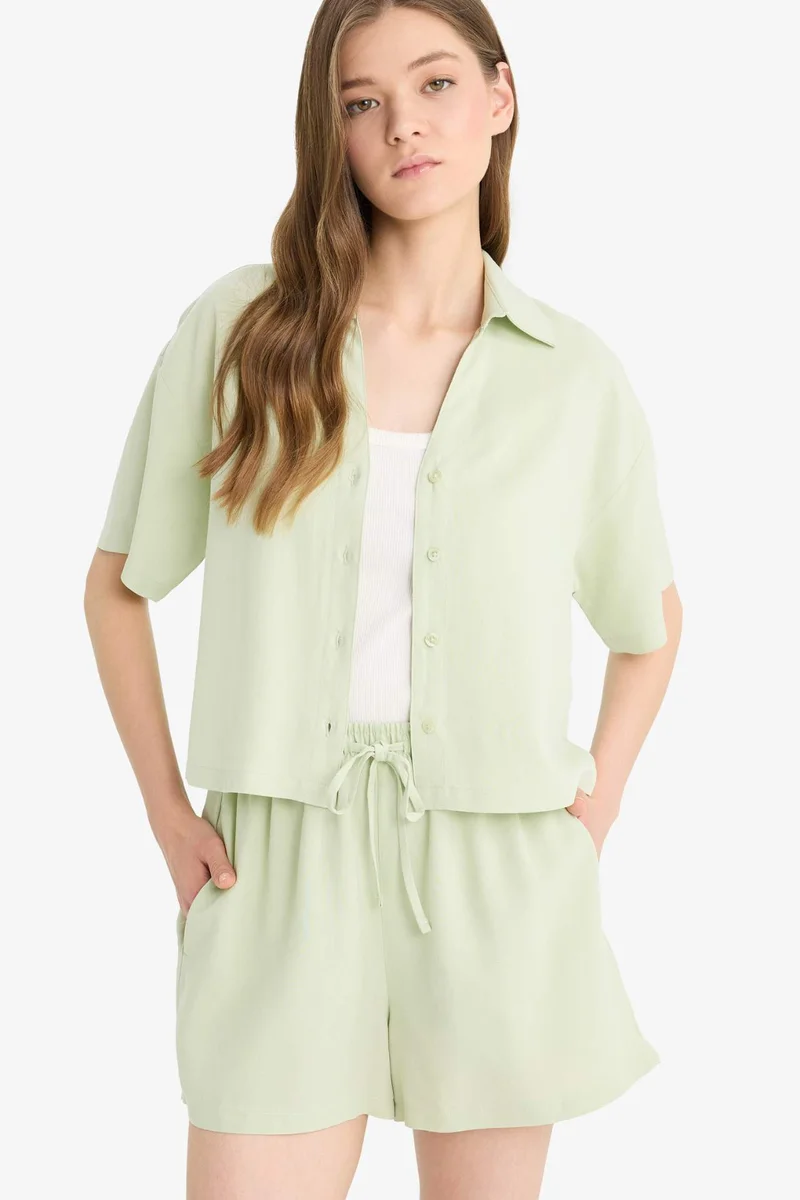 ديفاكتو Oversize Fit Shirt Collar Linen Blended Short Sleeve Shirt