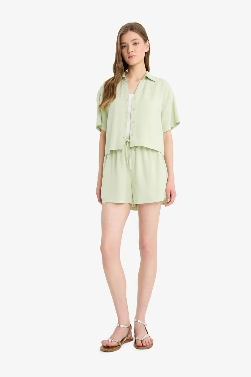 ديفاكتو Oversize Fit Shirt Collar Linen Blended Short Sleeve Shirt