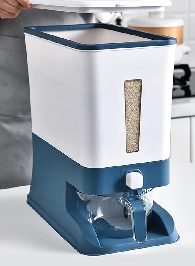 اليسا صندوق/حاوية أوتوماتيكية لتخزين حبوب المطبخ سعة 12 كجم، مقاومة للرطوبة والحشرات، صندوق تخزين محكم الغلق، موزع كبير لتخزين الأرز مع غطاء وكوب قياس (أزرق) - Image 4