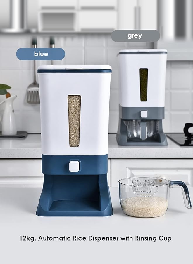اليسا صندوق/حاوية أوتوماتيكية لتخزين حبوب المطبخ سعة 12 كجم، مقاومة للرطوبة والحشرات، صندوق تخزين محكم الغلق، موزع كبير لتخزين الأرز مع غطاء وكوب قياس (أزرق) - Image 5