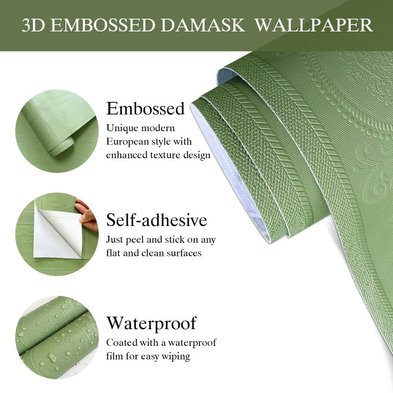 JiffDiff Wallpaper Peel and Stick Textured,3D Embossed Wall Paper Stick on Wallpaper Modern Waterproof Self Adhesive Contact Paper(17.3" x 120",Green) - Image 2