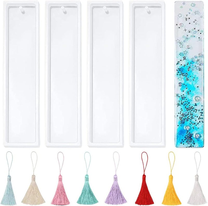 ChicAbode Silicone Bookmark Mould,4 pcs DIY Resin Bookmark Mold and 16 pcs Multiple Colour Tassel,5.5in Jewelry DIY Craft Rectangle Transparent Mold,DIY Bookmark Mould Making Epoxy Resin - Image 1