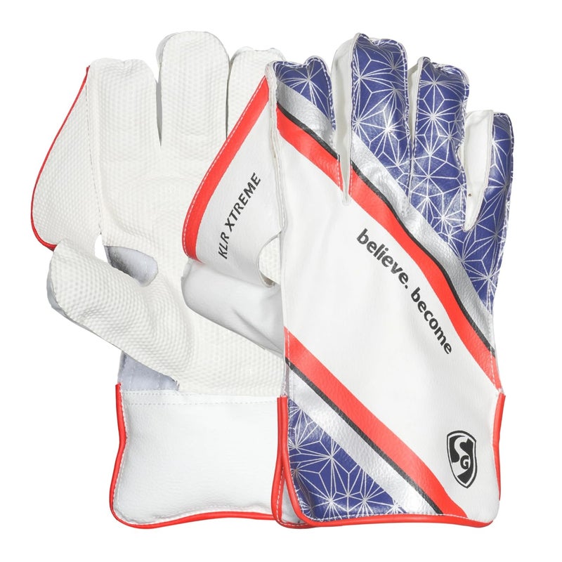 SG KLR Xtreme Wicket Keeping Gloves, Professional Cricket Leather Gloves, White and Blue with Red Trim (Youth) - Image 1