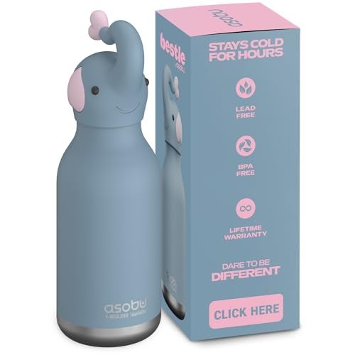 asobu Bestie Bottle Insulated Stainless Steel Water Bottle with Detachable Soft Animal Head Fun Drinking For Kids and Teens with Flexible Reusable Straw 16 Ounce Elephant - Image 1