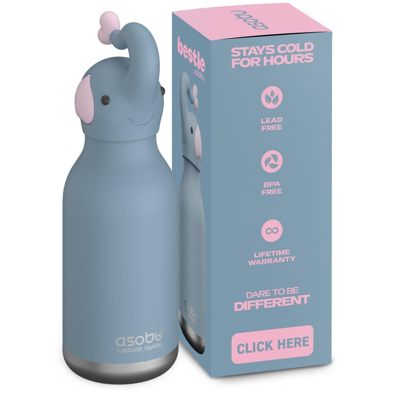 asobu Bestie Bottle Insulated Stainless Steel Water Bottle with Detachable Soft Animal Head Fun Drinking For Kids and Teens with Flexible Reusable Straw 16 Ounce Elephant - Image 2